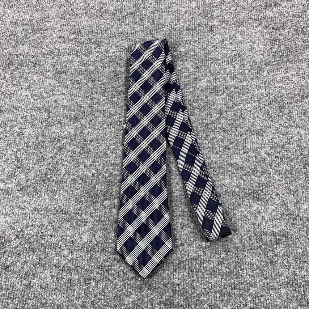 Banana Republic Tie Mens One Size Navy Blue Plaid 100% Silk Classic Necktie